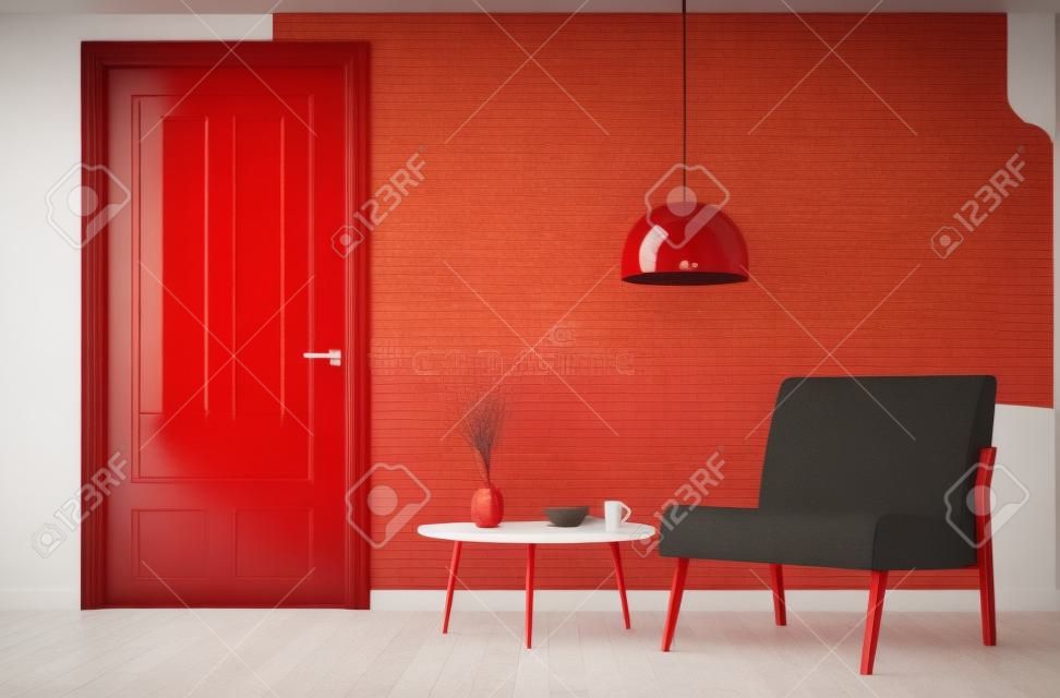 赤いドア、肘掛け椅子とコーヒー テーブルの 3 d レンダリングとリビング ルームのモダンなインテリア