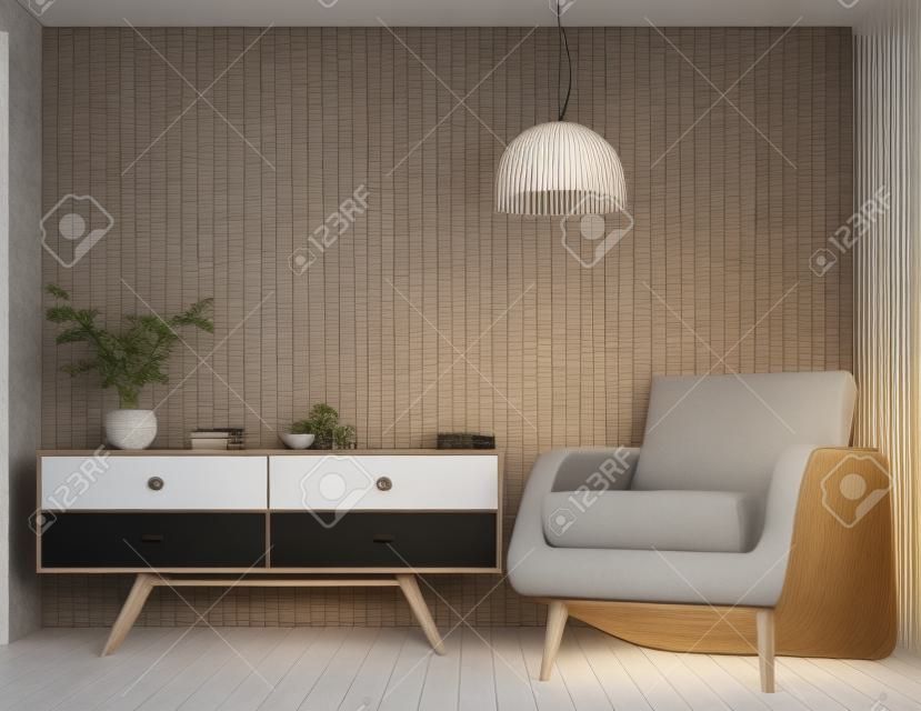 intérieur moderne du salon avec fauteuil en fauteuil noir et lampe sur le mur blanc rendu 3d