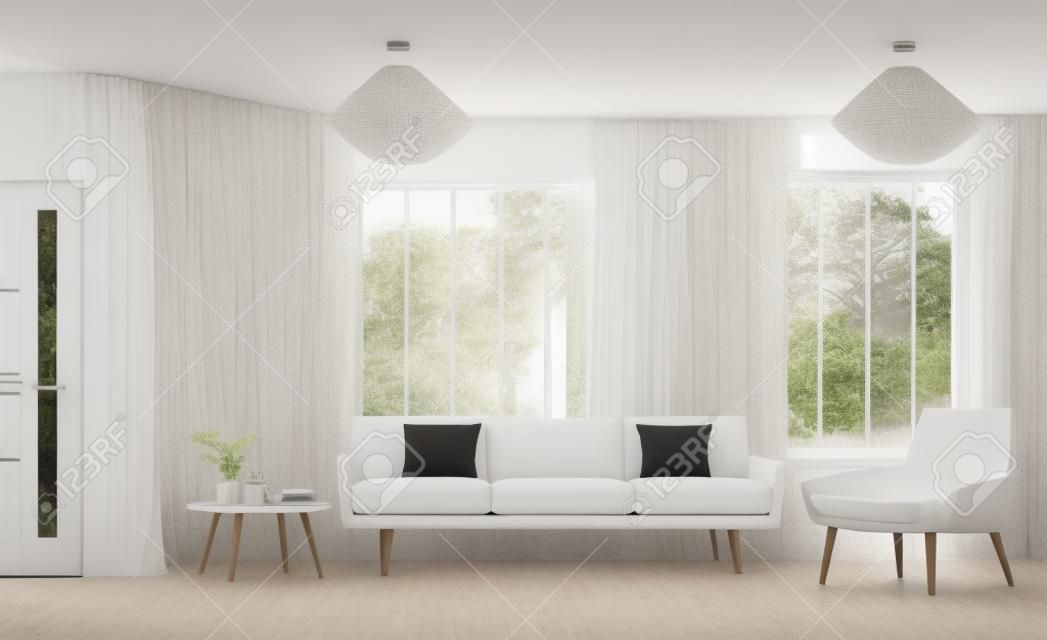 Moderno diseño interior de sala de estar con sofá, sillón, puerta blanca y ventana con representación 3d