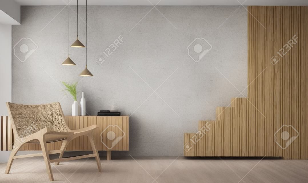 Nowoczesne wnętrze salonu z drewnianą szafką i fotelem, projekt domu, stiukowa ściana z przestrzenią do kopiowania renderowania 3d