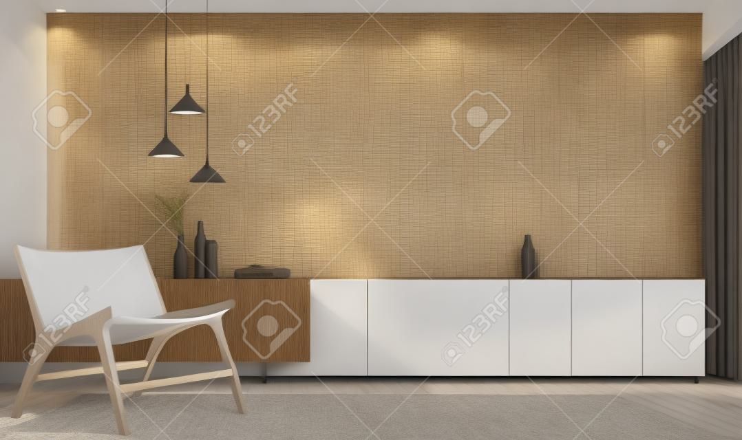 Interior moderno de sala de estar con gabinete y sillón de madera, diseño de hogar, pared de estuco con copia espacio 3d renderizado