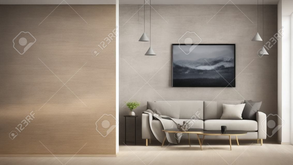 Design d'intérieur d'un appartement moderne, canapé beige dans un salon contemporain, affiche en bois sur le mur en stuc de béton et maquette de mur d'arrière-plan, design de maison. rendu 3d