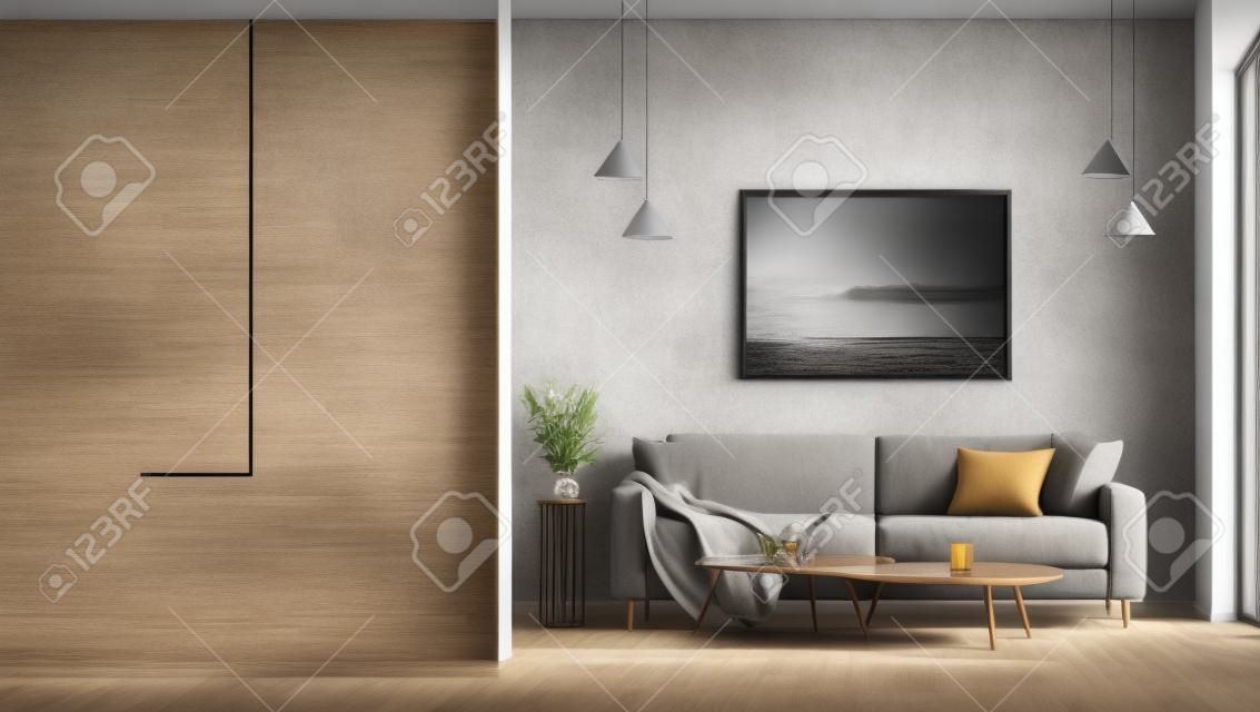Design d'intérieur d'un appartement moderne, canapé beige dans un salon contemporain, affiche en bois sur le mur en stuc de béton et maquette de mur d'arrière-plan, design de maison. rendu 3d