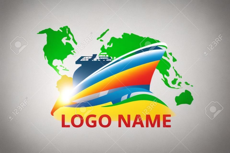 projekt logo statku dla logistycznej firmy dokującej import eksport handel. Ikona koncepcja podróży biuro podróży w wakacje z tłem mapy świata. żeglować po świecie.
