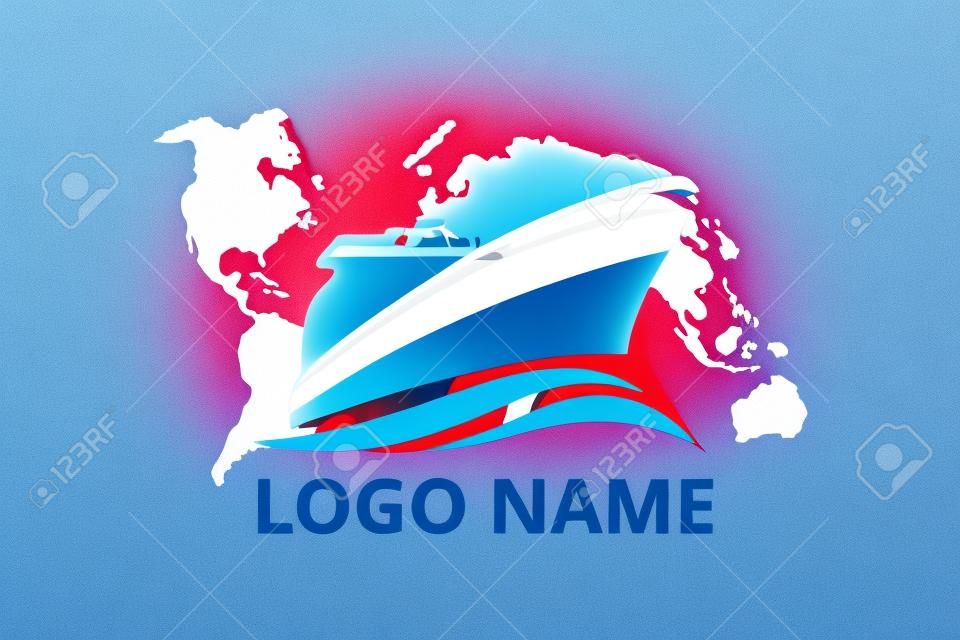 design del logo della nave per la società di attracco commerciale di import export logistico. Icona di concetto per agenzia di viaggi di viaggio in vacanza con sfondo di mappa del mondo. navigare sul mondo.