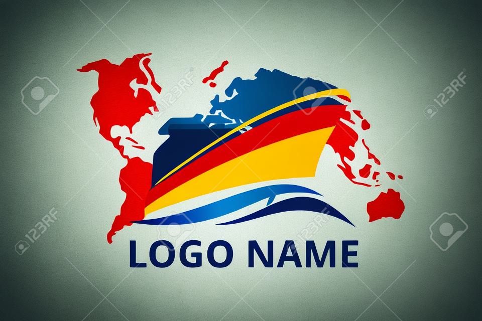 Schiffslogo-Design für logistische Import-Export-Handels-Docking-Unternehmen. Konzeptsymbol für Reisebüro im Urlaub mit Weltkartenhintergrund. über die Welt segeln.