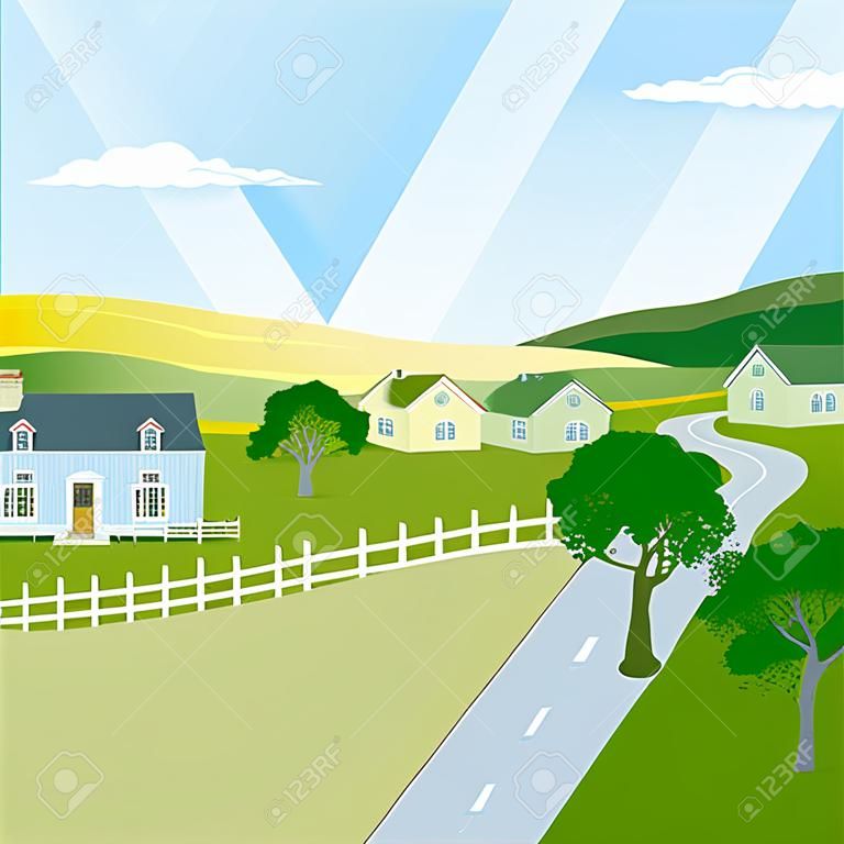 Ilustração da paisagem com casas e estrada do campo