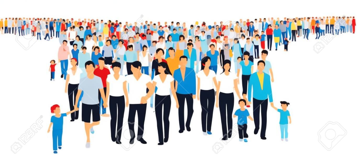 People and families gather together and protest on the street isolated on white background. illustration