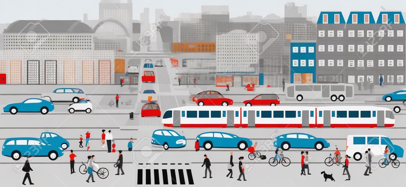 City silhouette with public transport and pedestrians in residential district, illustration