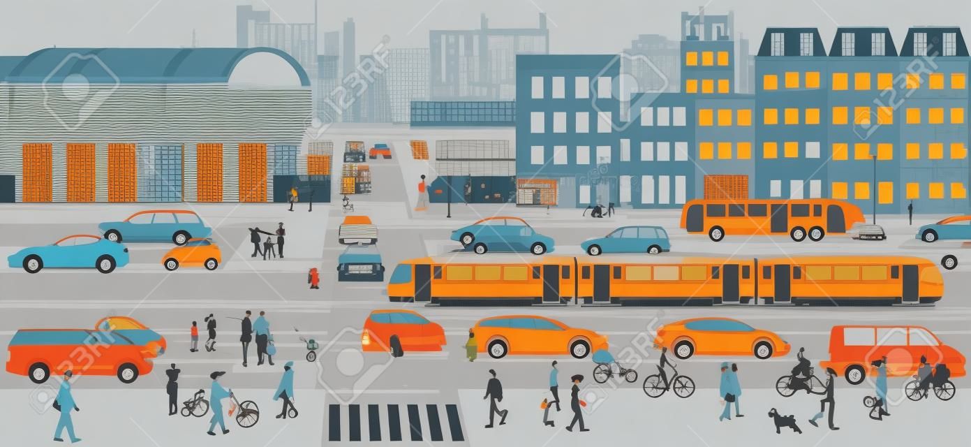 City silhouette with public transport and pedestrians in residential district, illustration