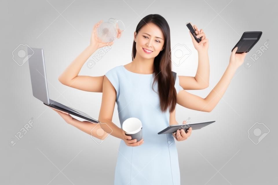 Multitask business woman with many hands. Performing several actions at the same time.