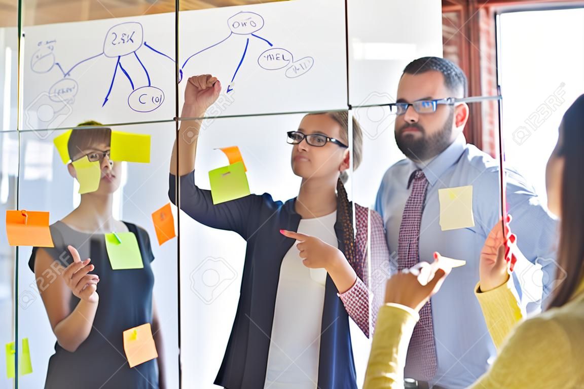 Gli uomini d'affari si incontrano in ufficio e usano le note post-it per condividere idee. Concetto di "brainstorming". Nota adesiva sulla parete di vetro.
