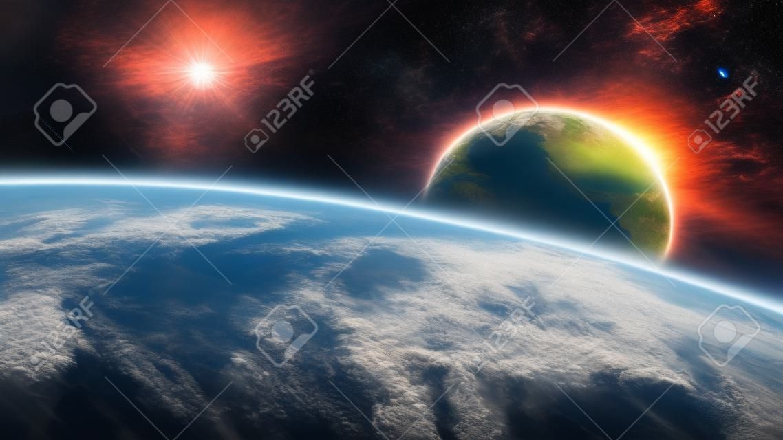 Blick auf den Planeten Erde aus dem Weltraum in einem Sonnenaufgang