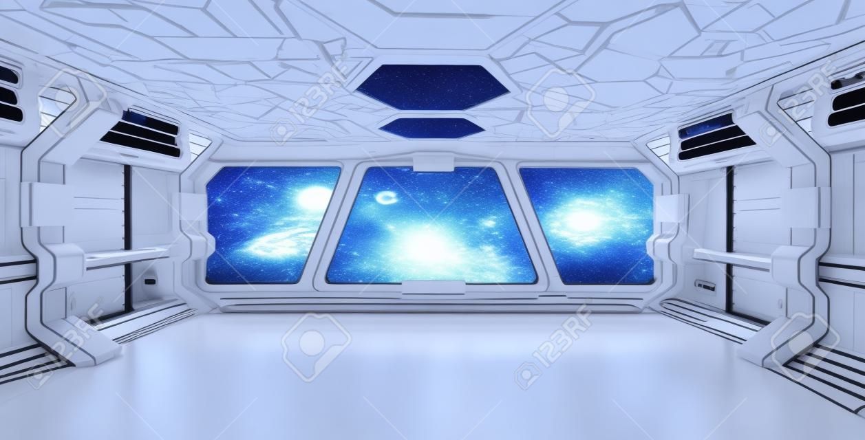 Spaceship синий интерьер с видом из окна с белым фоном 3D-рендеринга