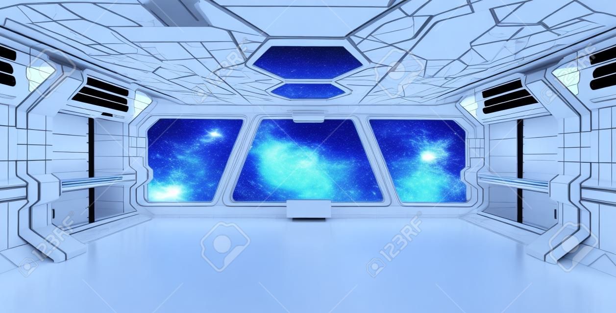 Spaceship blu interni con vista finestra con sfondo bianco Rendering 3D