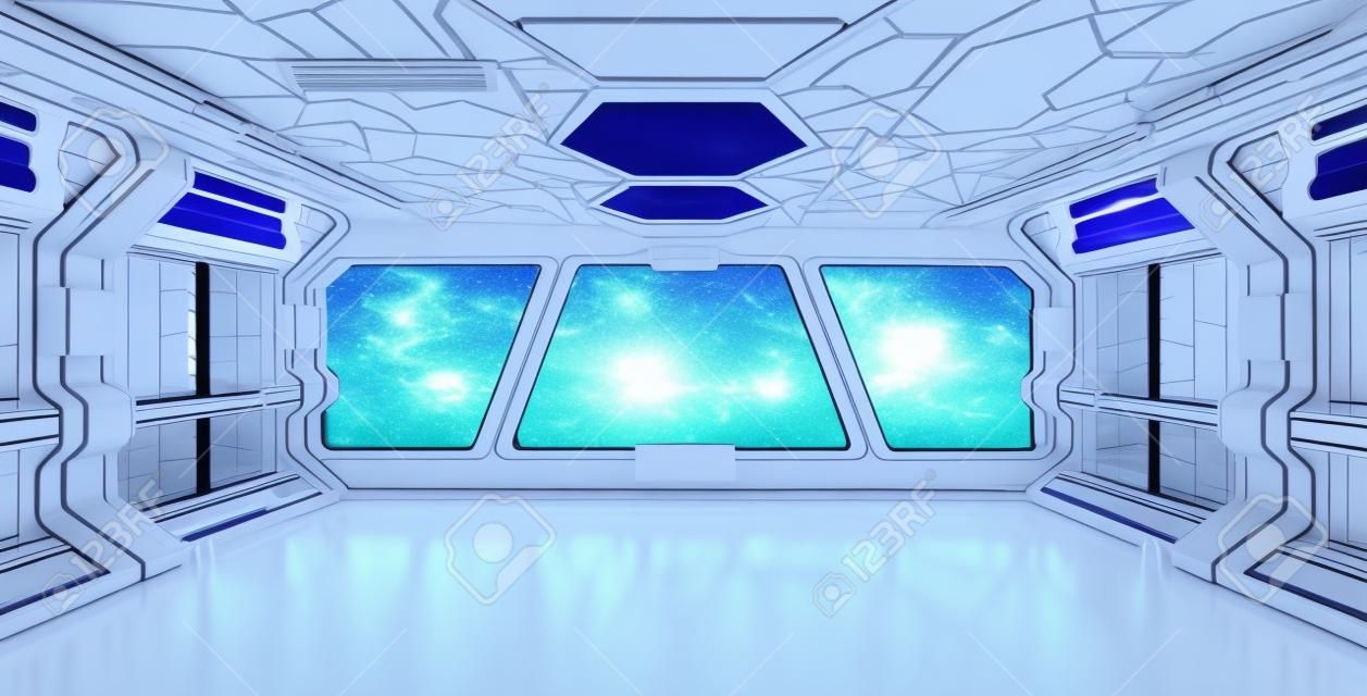 Statku kosmicznego błękitny wnętrze z nadokiennym widokiem z białym tła 3D renderingiem