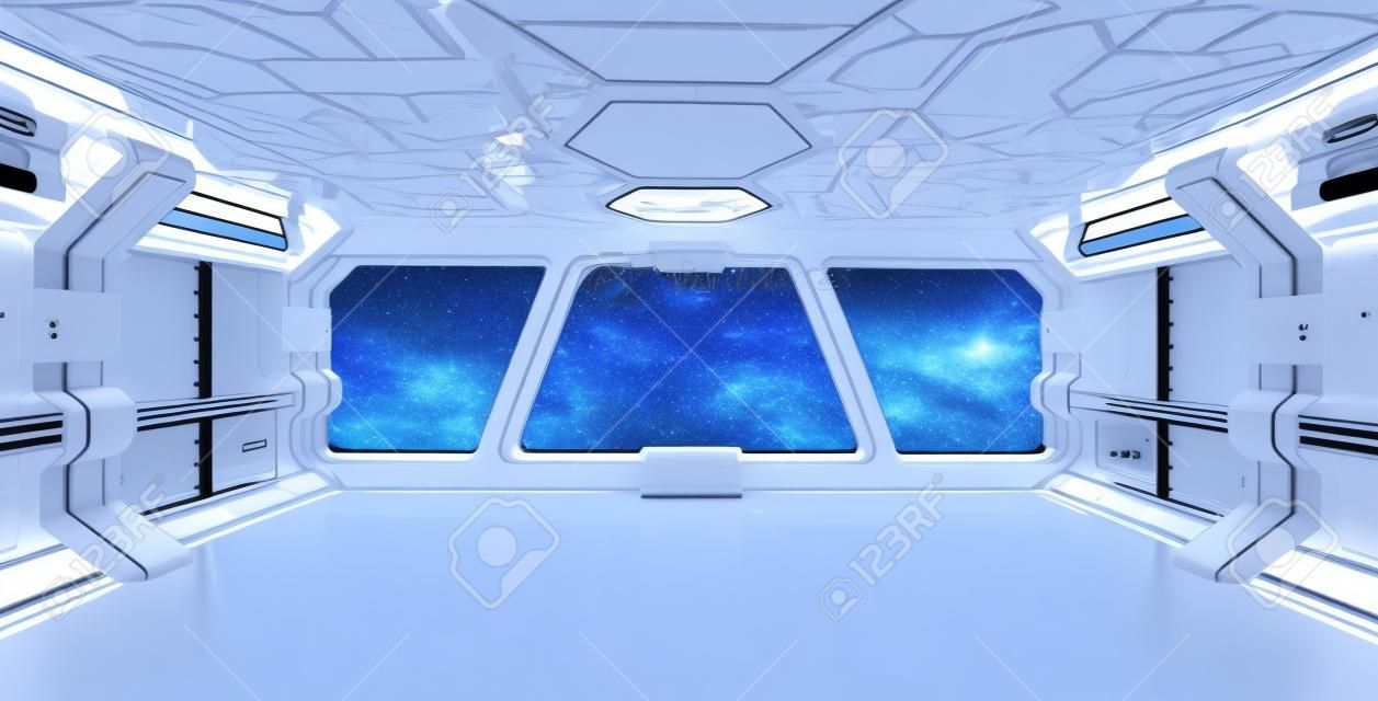 Spaceship intérieur bleu avec vue sur la fenêtre avec un fond blanc rendu 3D