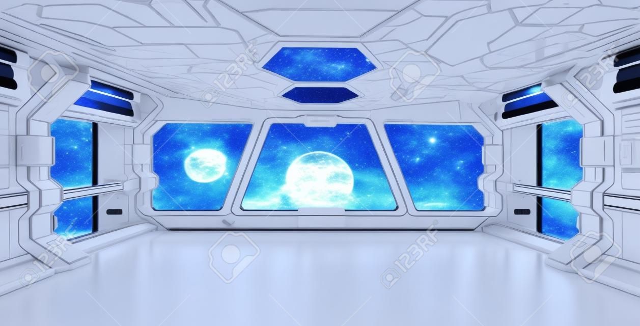 Nave espacial interior azul con vista de la ventana con el fondo blanco Representación 3D