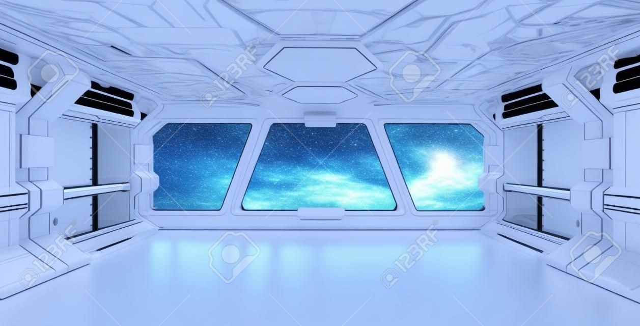 Statku kosmicznego błękitny wnętrze z nadokiennym widokiem z białym tła 3D renderingiem