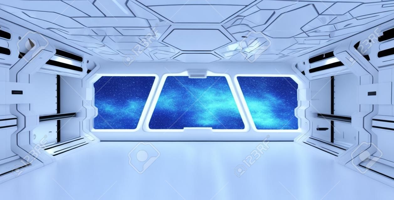Nave espacial interior azul con vista de la ventana con el fondo blanco Representación 3D