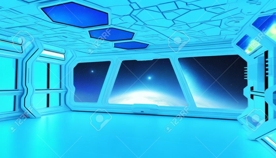 Spaceship blue interior with window view with green background 3D rendering elements of this image furnished by NASA