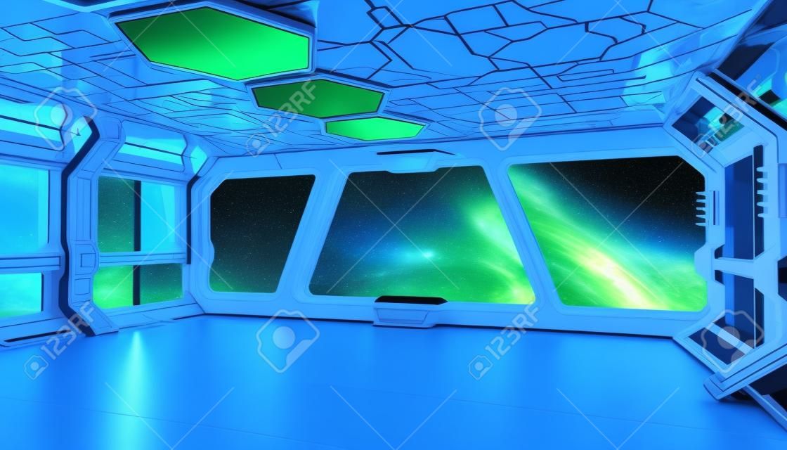 Interior azul da nave espacial com vista da janela com fundo verde Elementos de renderização 3D desta imagem fornecidos pela NASA