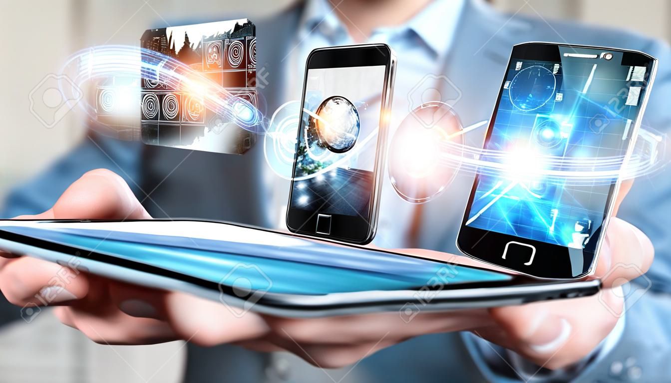 Businessman on blurred background connecting with his mobile phone 3D rendering
