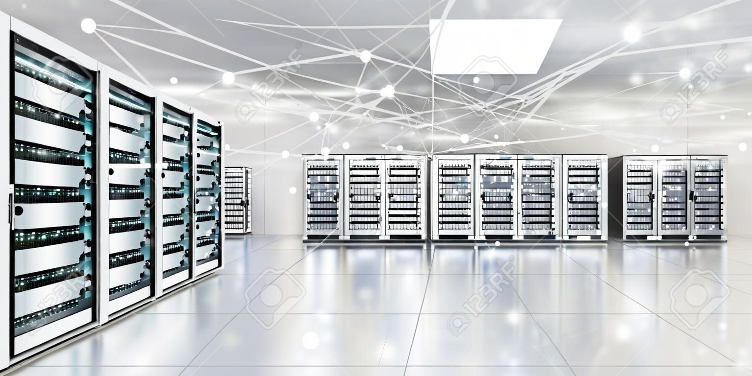 Wit en blauw abstract netwerk op server room datacenter 3D rendering