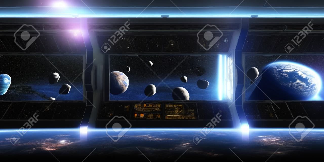 Spaceship interior with view on space and planet Earth 3D rendering elements of this image furnished by NASA