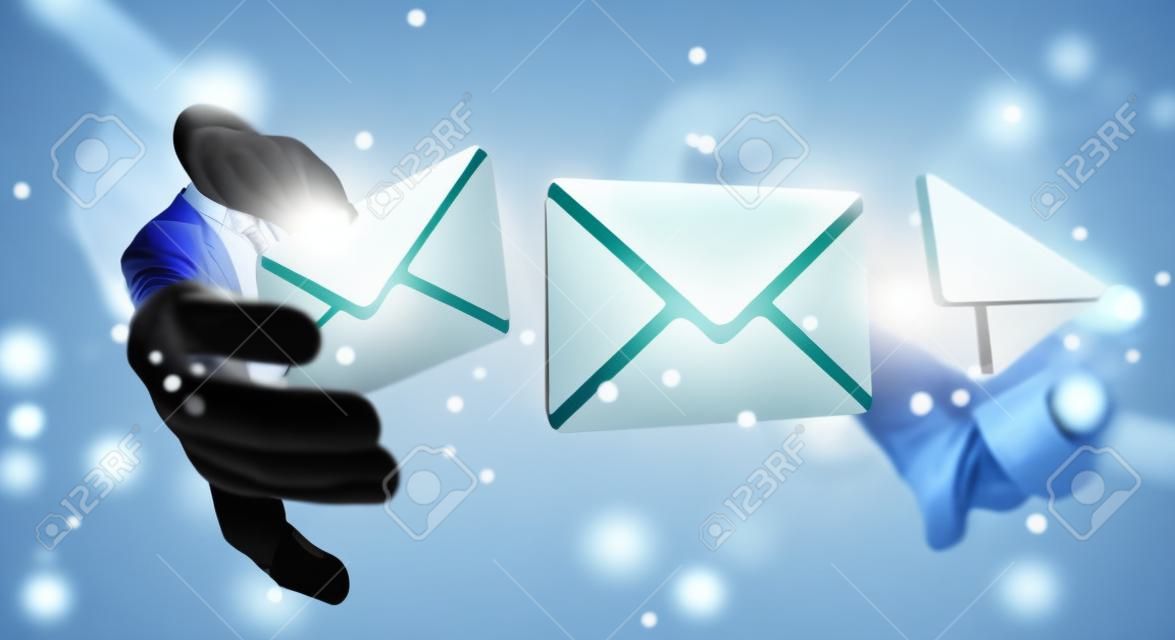Businessman on blurred background holding 3D rendering flying email icon in his hand
