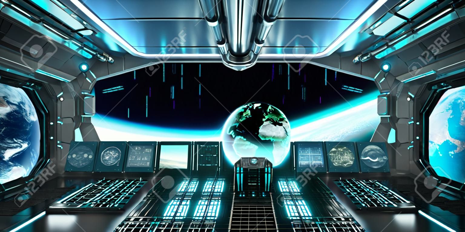 Spaceship interior with view on space and planet Earth 3D rendering