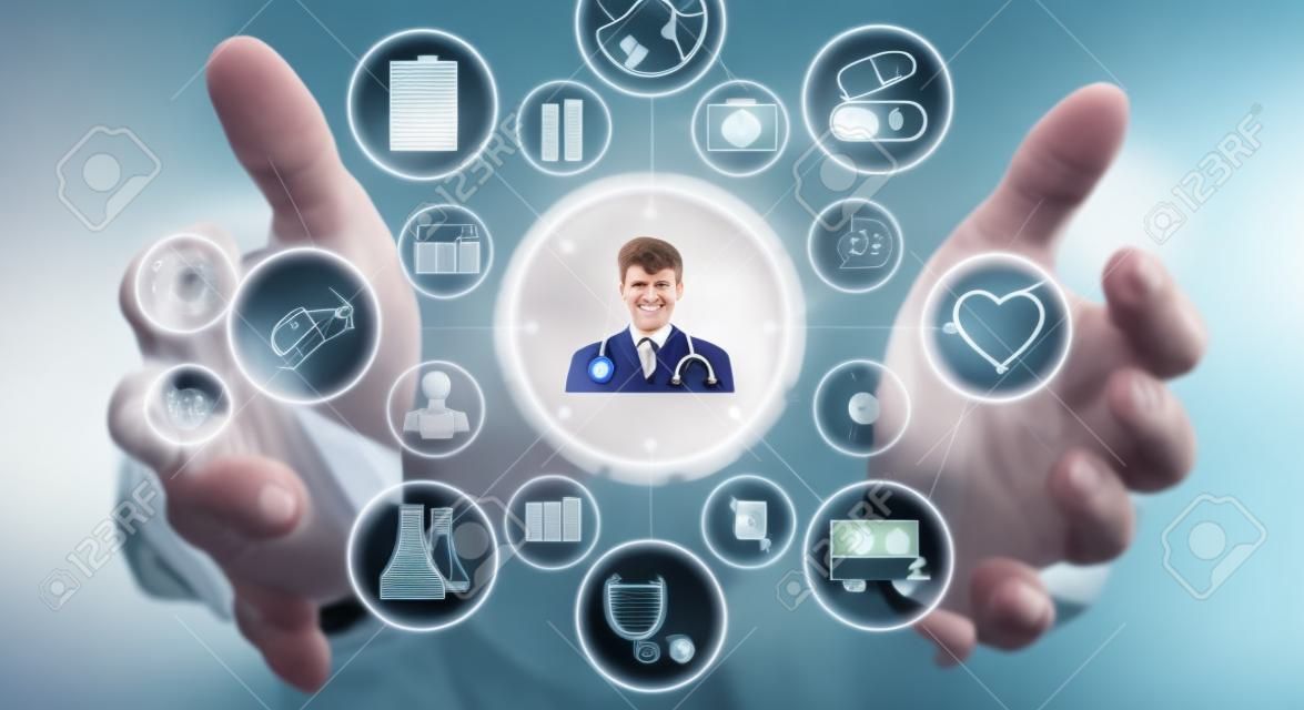 Businessman on blurred background using modern medical interface 3D rendering
