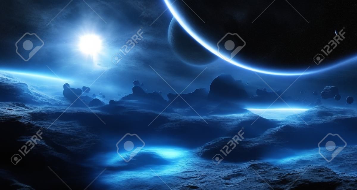 Astronauts with spaceship exploring an asteroid in space 3D rendering