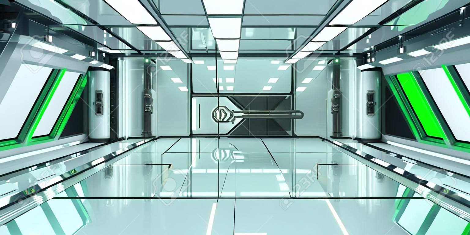 Raumschiff helles Innenraum mit grünem Fensteransicht 3D-Rendering