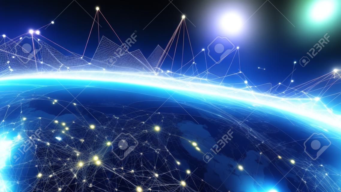 Sistema de conexiones e intercambios de datos globales sobre el mundo Representación 3D