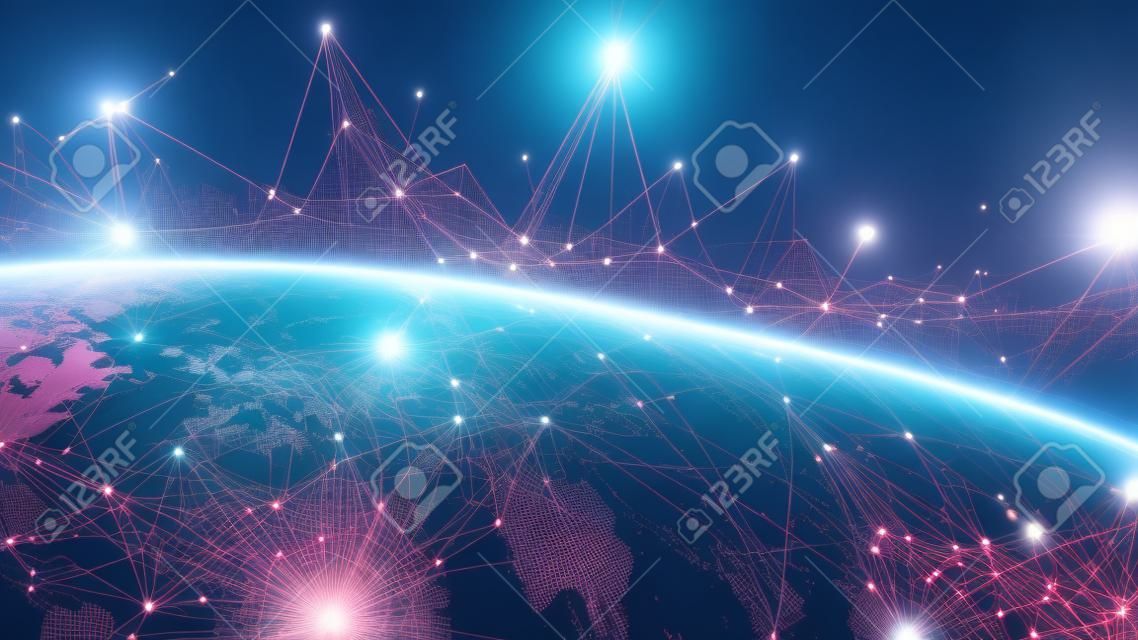 Connections system and global datas exchanges over the globe 3D rendering