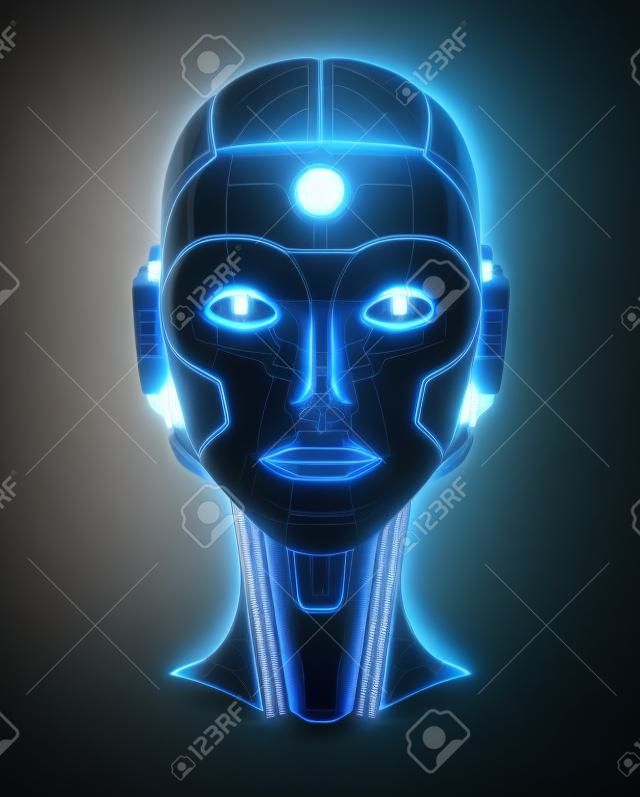 Cyborg tête intelligence artificielle isolée sur fond drak rendu 3D