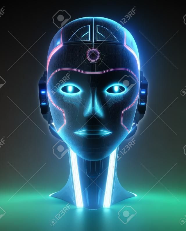 Cyborg tête intelligence artificielle isolée sur fond drak rendu 3D