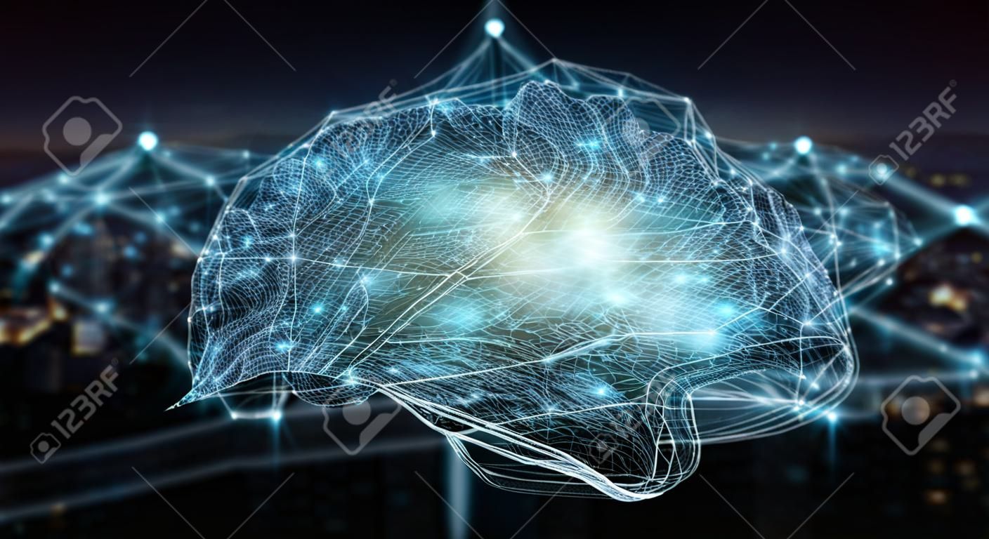 Menselijke hersenen digitale x-ray op stadsachtergrond 3D rendering