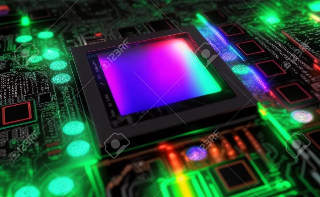 Vista ravvicinata di una moderna scheda GPU con circuito e luci colorate e dettagli