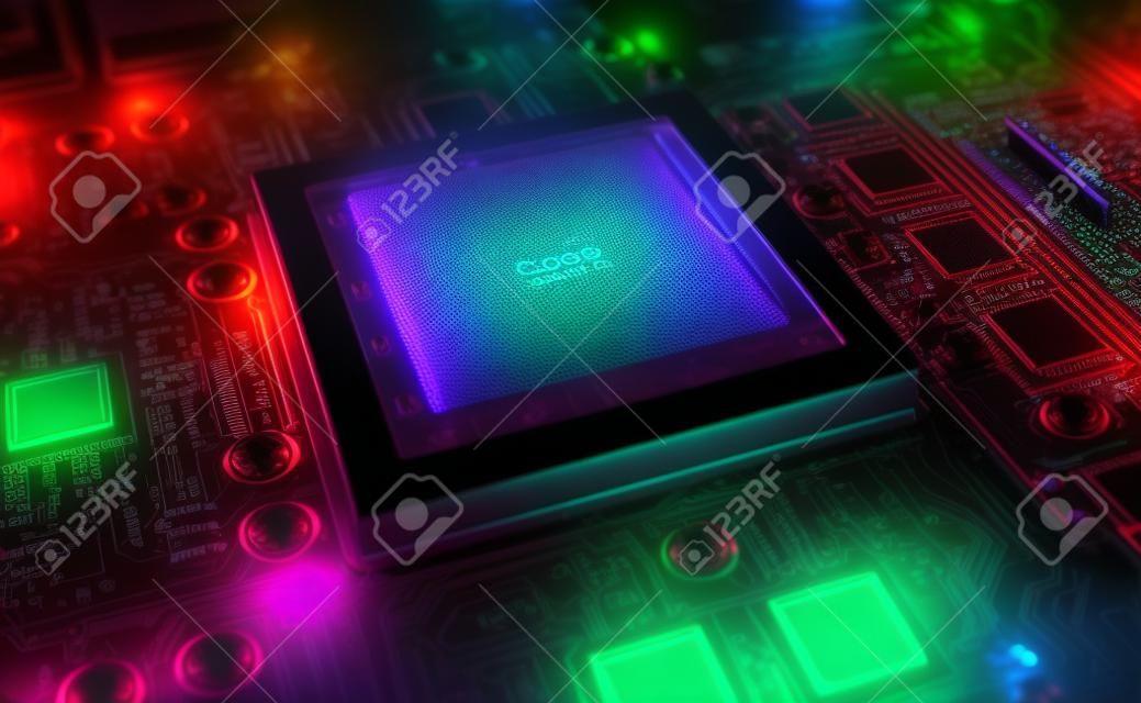 Vista ravvicinata di una moderna scheda GPU con circuito e luci colorate e dettagli