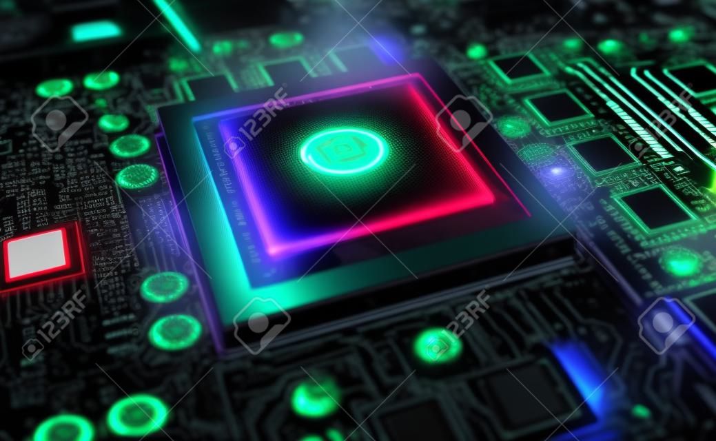 회로와 다채로운 조명 및 세부 정보가 있는 최신 GPU 카드의 클로즈업 보기