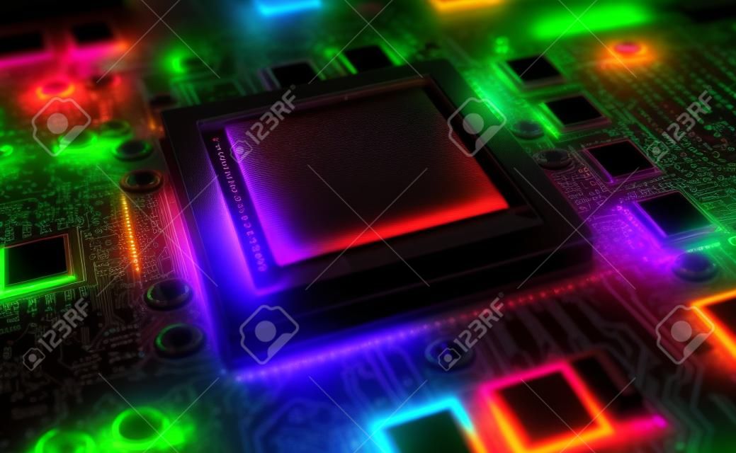 Close-up view of a modern GPU card with circuit and colorful lights and details