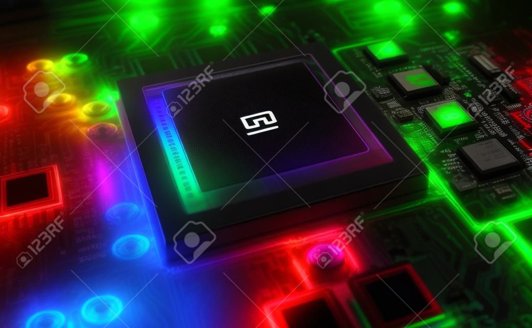 Vista em close-up de uma placa de GPU moderna com circuito e luzes coloridas e detalhes