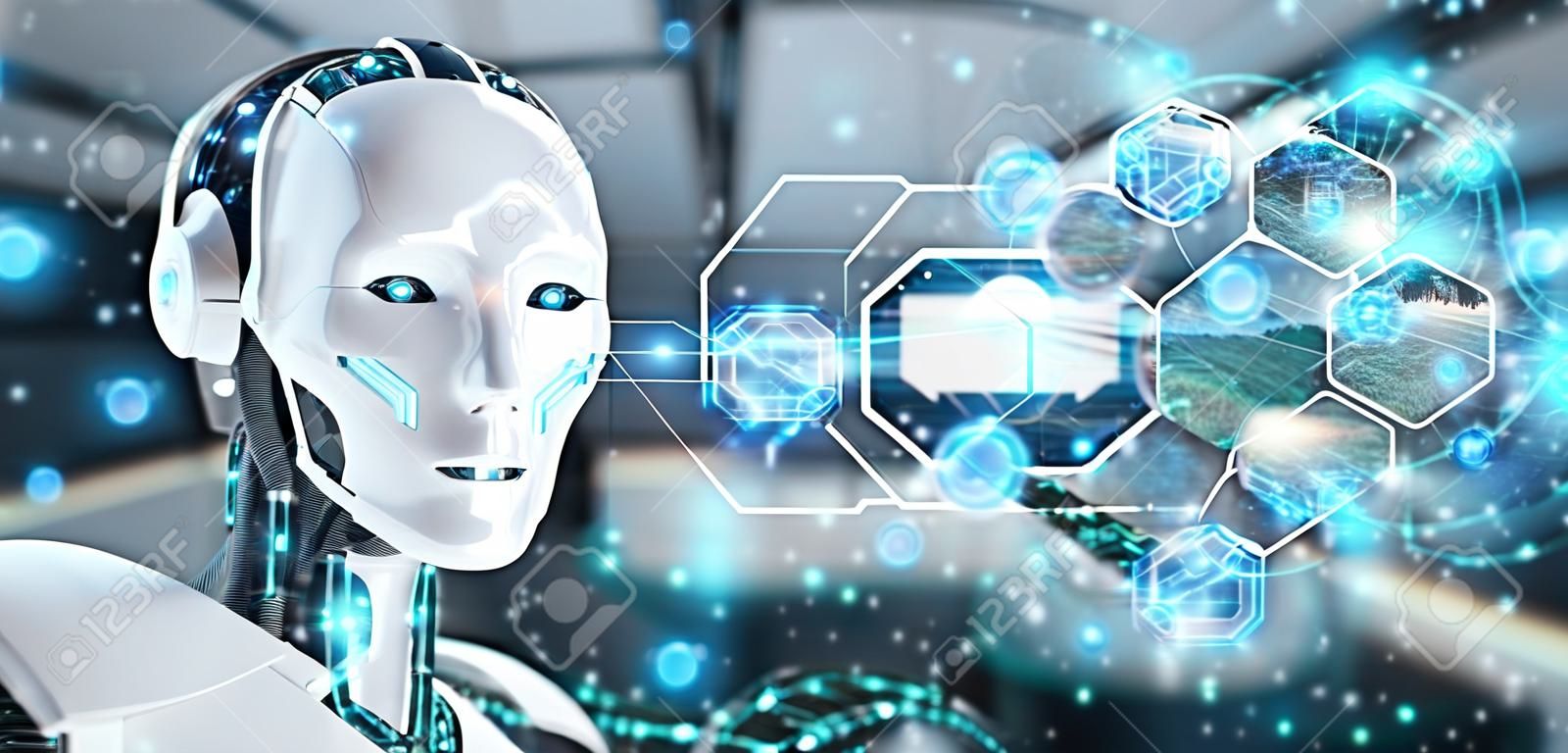 White cyborg on blurred background connecting devices together 3D rendering