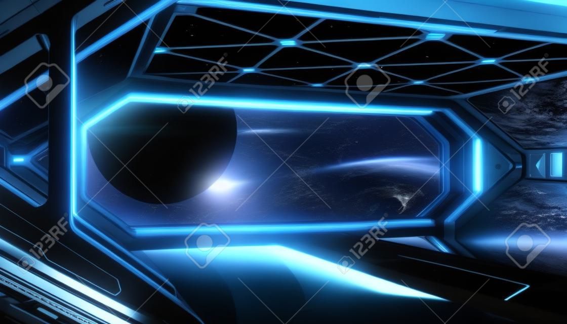 Interno futuristico dell'astronave blu scuro con la vista della finestra sul rendering 3d del pianeta Terrad