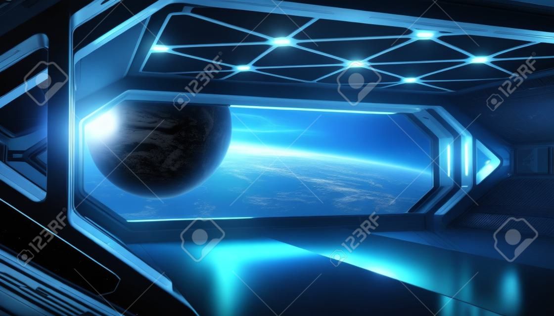 Interno futuristico dell'astronave blu scuro con la vista della finestra sul rendering 3d del pianeta Terrad