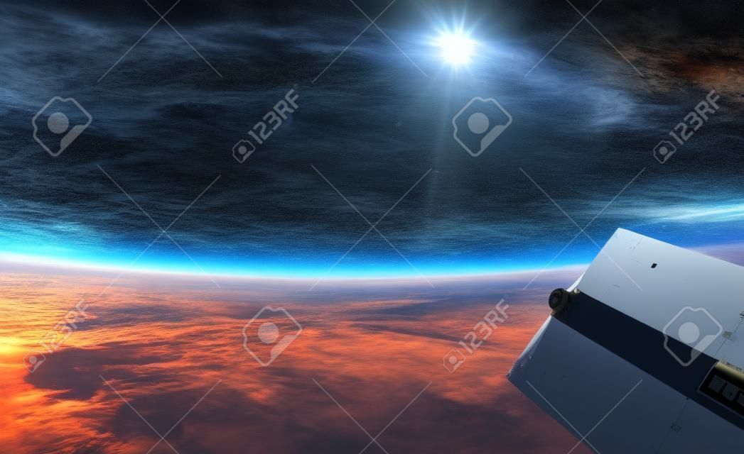 View of blue planet Earth from a space station window during a sunrise 3D rendering