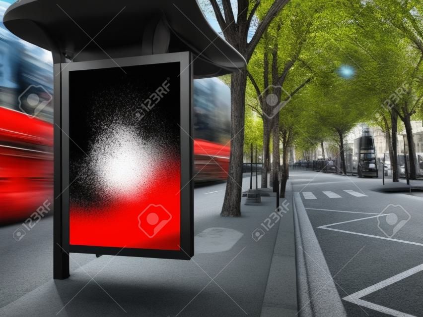 Black bus stop billboard Mockup in empty street in Paris. Parisian style hoarding advertisement close to a park in beautiful city