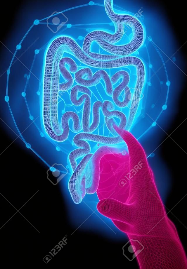 Man hand on dark background using digital x-ray of human intestine holographic scan projection 3D rendering